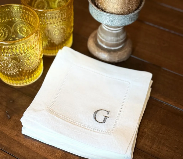 Mini Letter Monogrammed Cocktail Napkins, Set of 4 - White Tulip Embroidery