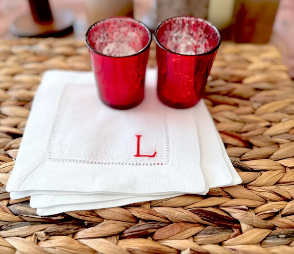 Mini Letter Monogrammed Cocktail Napkins, Set of 4 - White Tulip Embroidery