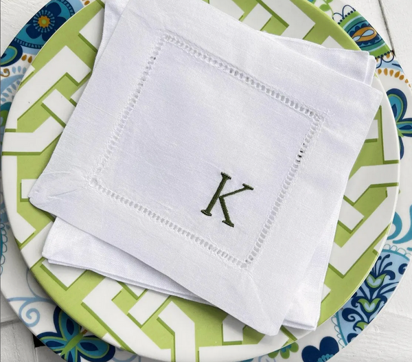 Mini Letter Monogrammed Cocktail Napkins, Set of 4 - White Tulip Embroidery