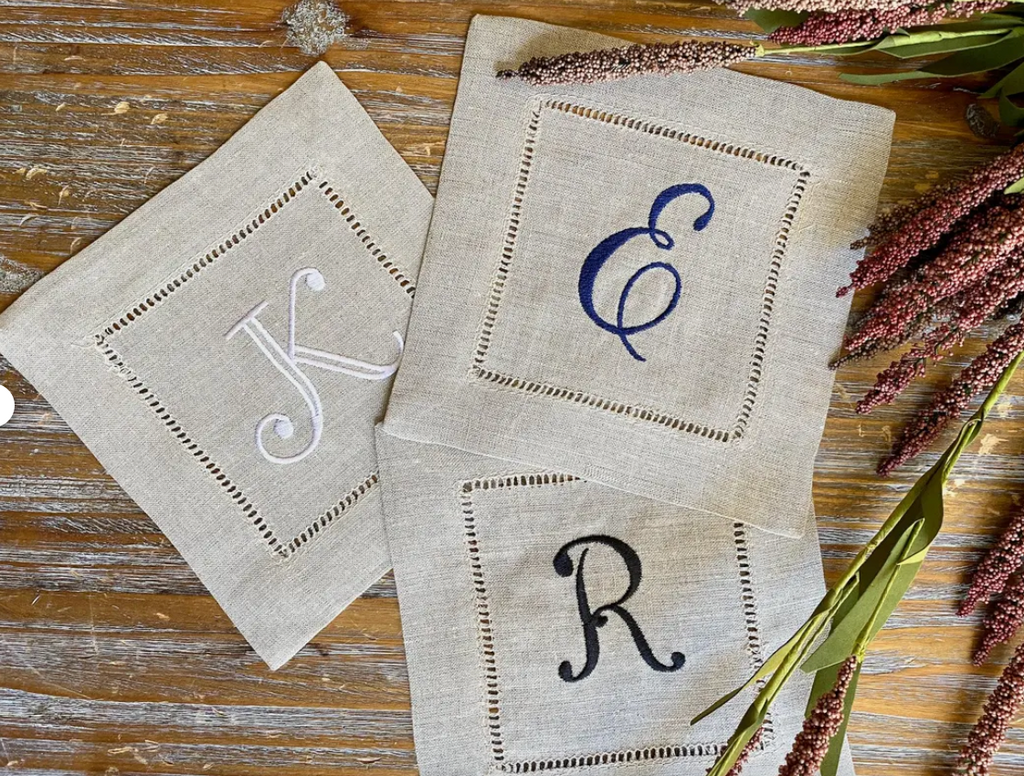 Natural Beige Monogrammed Linen Cocktail Napkins, Set of 4 - White Tulip Embroidery