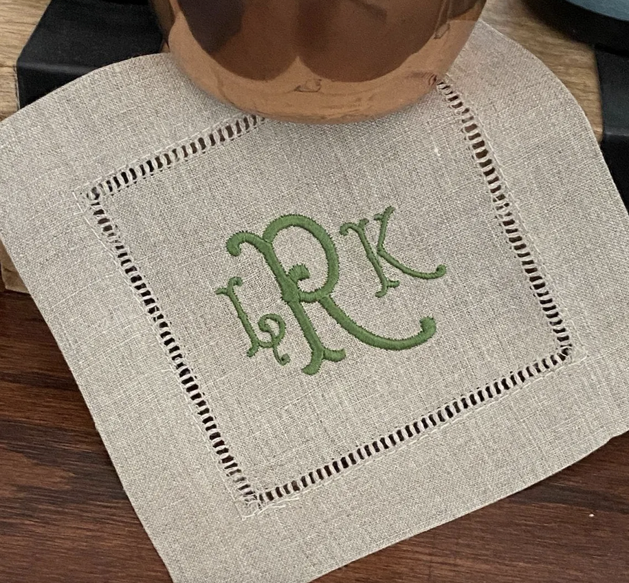 Natural Beige Monogrammed Linen Cocktail Napkins, Set of 4 - White Tulip Embroidery