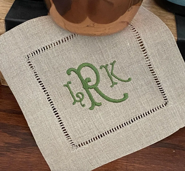 Natural Beige Monogrammed Linen Cocktail Napkins, Set of 4 - White Tulip Embroidery
