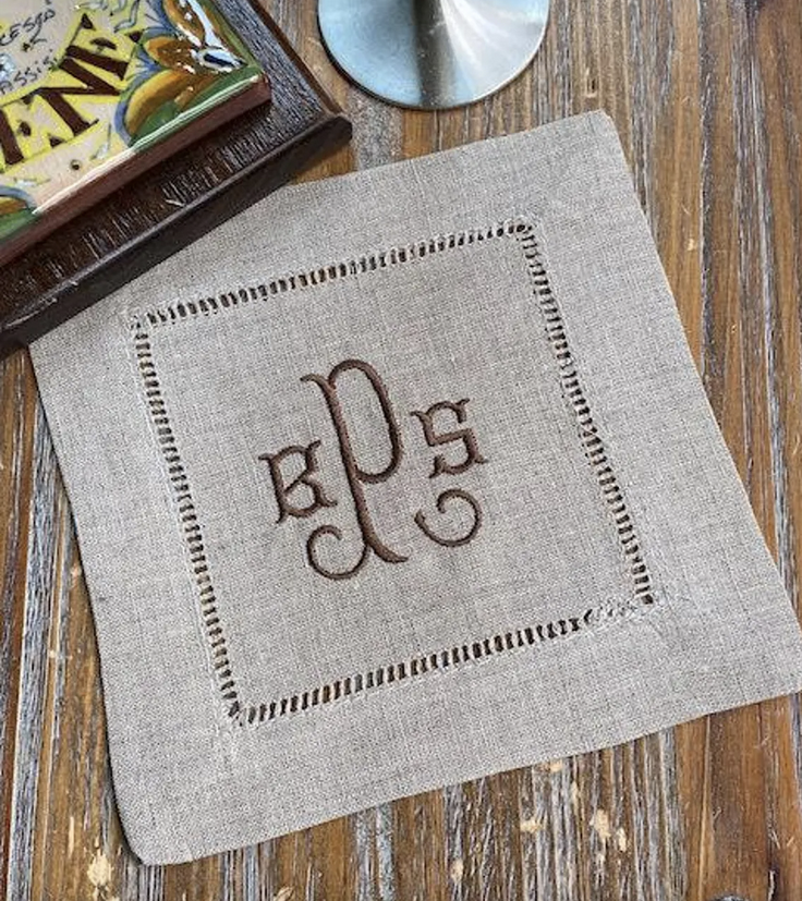 Natural Beige Monogrammed Linen Cocktail Napkins, Set of 4 - White Tulip Embroidery