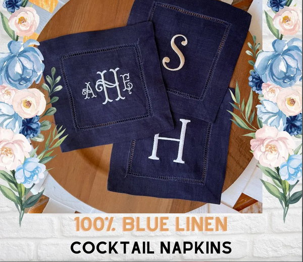 Navy Monogrammed Linen Cocktail Napkins, Set of 4 - White Tulip Embroidery