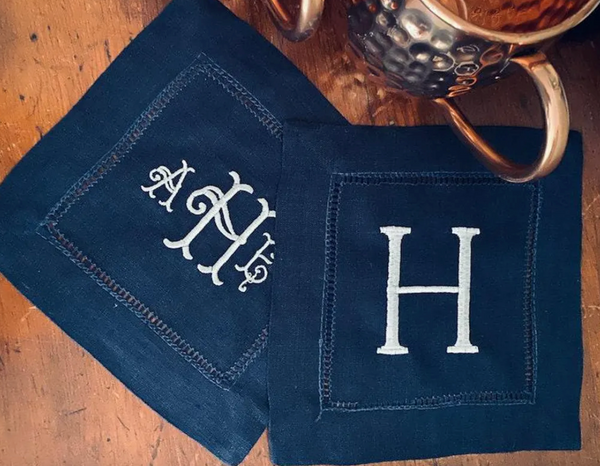Navy Monogrammed Linen Cocktail Napkins, Set of 4 - White Tulip Embroidery
