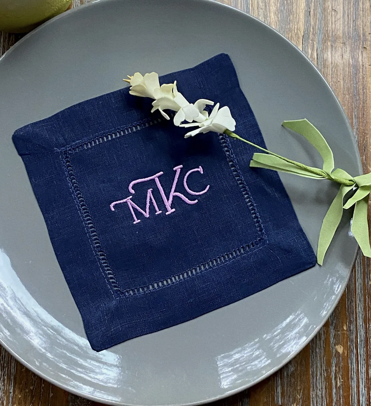 Navy Monogrammed Linen Cocktail Napkins, Set of 4 - White Tulip Embroidery