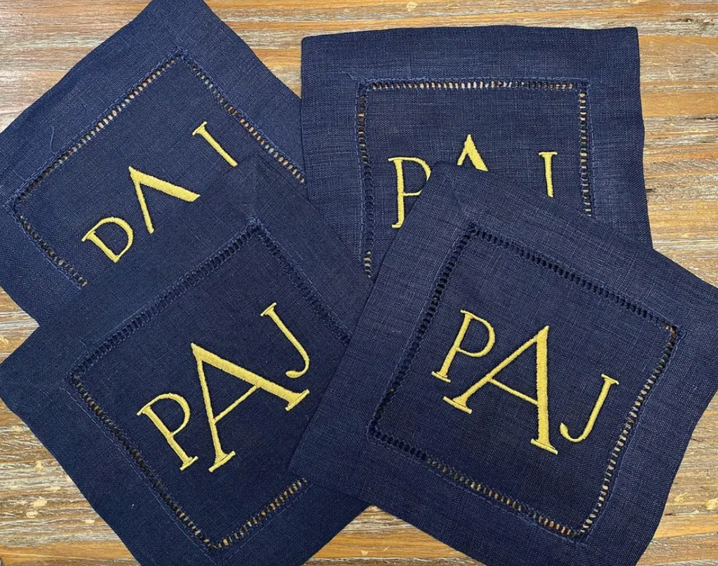 Navy Monogrammed Linen Cocktail Napkins, Set of 4 - White Tulip Embroidery