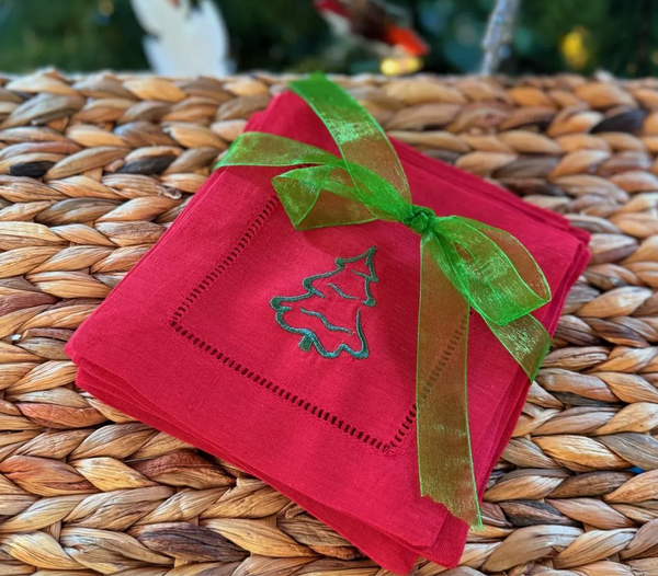 Christmas Tree Cloth Cocktail Napkins, Set of 4 - White Tulip Embroidery