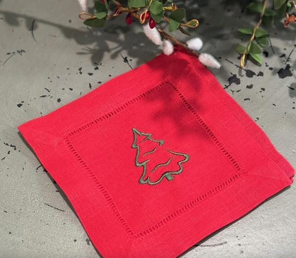 Christmas Tree Cloth Cocktail Napkins, Set of 4 - White Tulip Embroidery