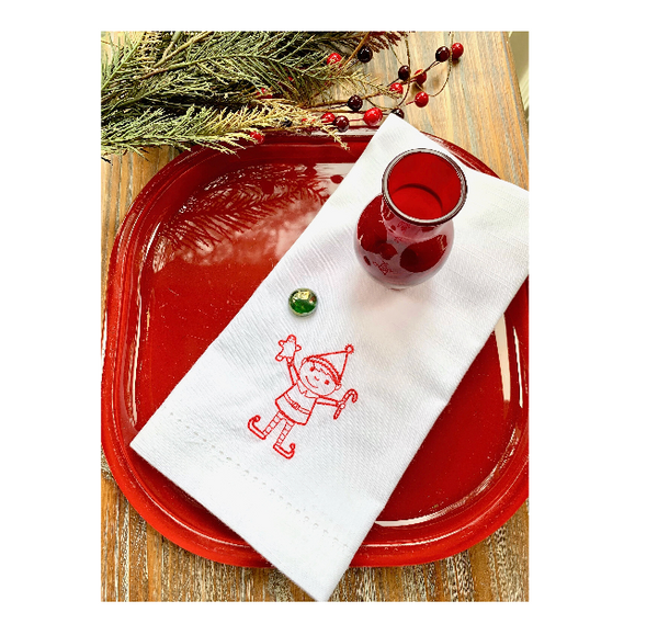 Christmas Elf Cloth Napkins - Set of 4 napkins - White Tulip Embroidery