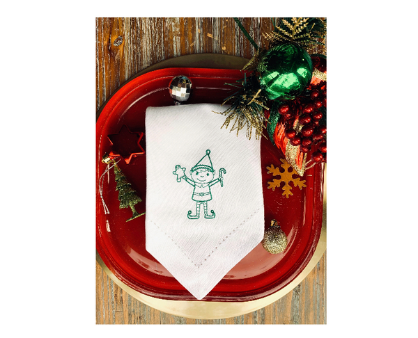 Christmas Elf Cloth Napkins - Set of 4 napkins - White Tulip Embroidery