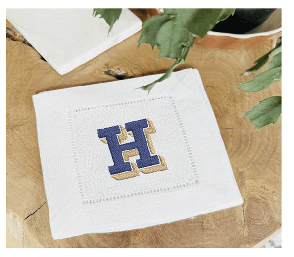 Set of 24 White Linen cocktail napkins, Custom H Design - White Tulip Embroidery