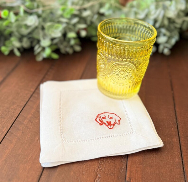 Dog Cloth Linen Cocktail Napkins, Set of 4, Golden Retriever Gift - White Tulip Embroidery