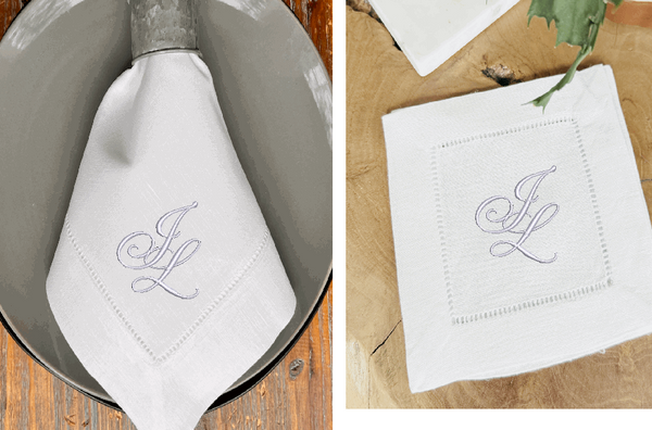 Custom Monogram 6 Dinner + 12 Cocktail Napkins, White Thread - White Tulip Embroidery