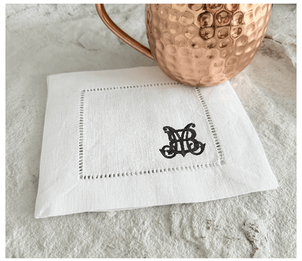 Custom Set of 300 napkins, MB Monogram placed in right corner, White Hemstitch Linen Cocktail Napkins - White Tulip Embroidery