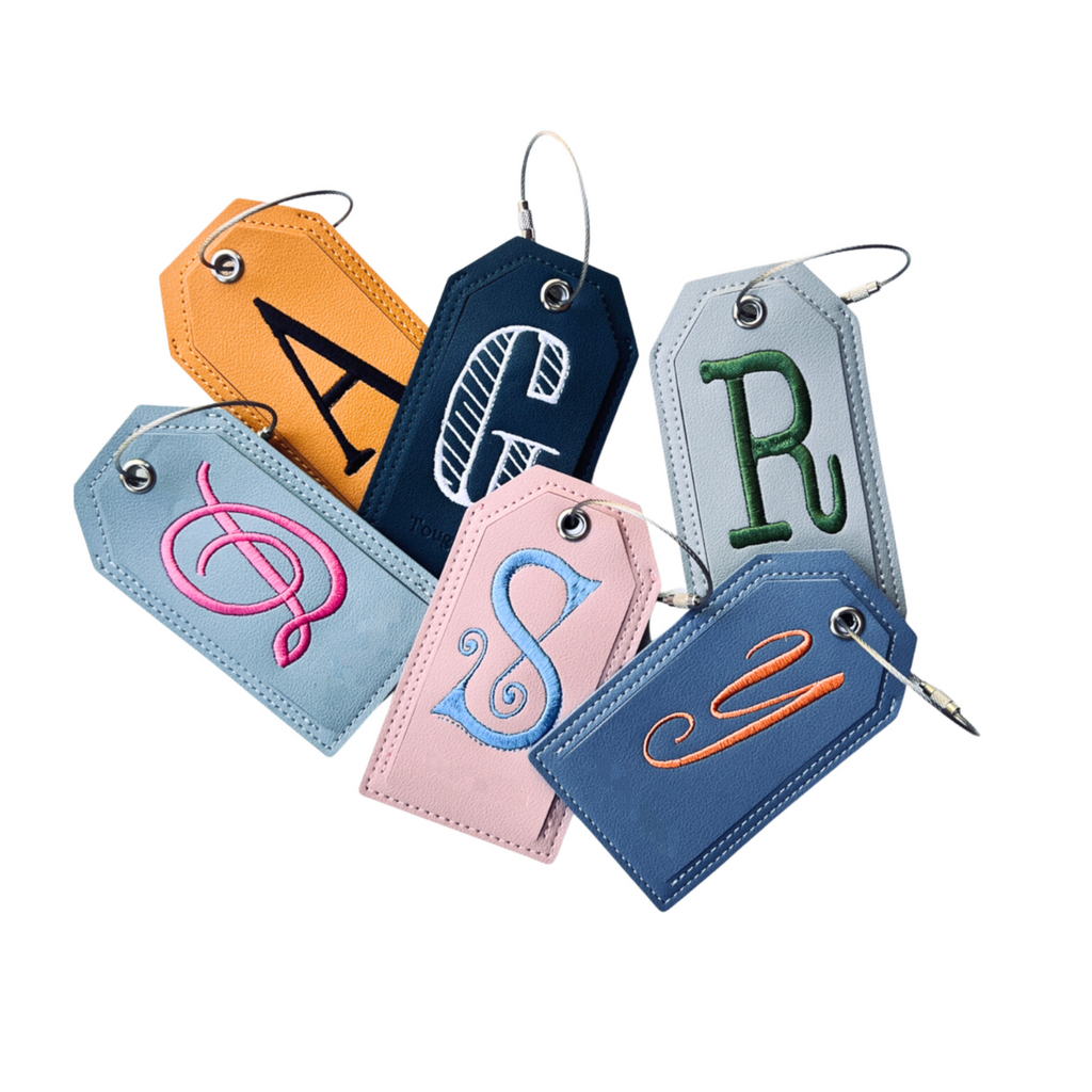 Monogrammed Luggage Tag, Embroidered Vegan Leather with Steel Loop Wire - White Tulip Embroidery