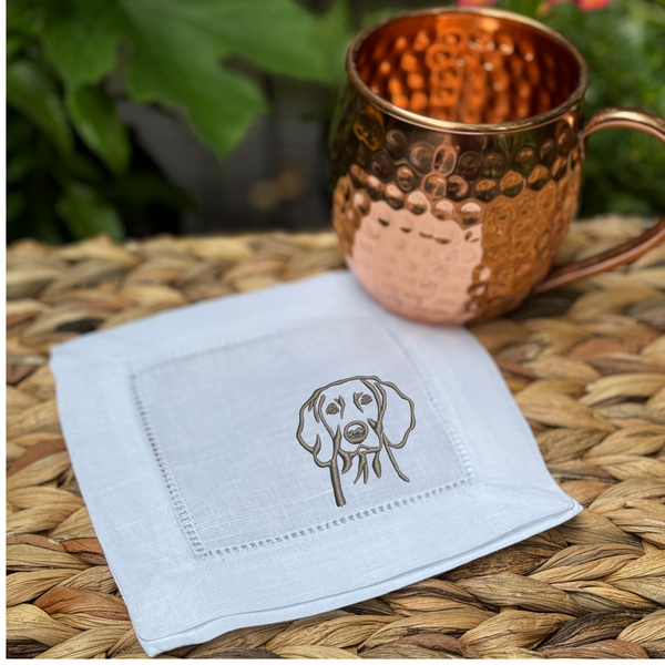 Weimaraner Dog Cloth Linen Cocktail Napkins, Set of 4 - White Tulip Embroidery