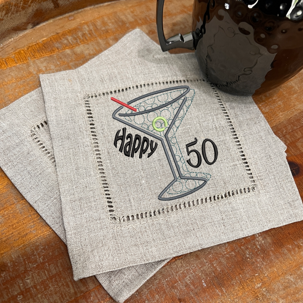 50th Birthday Cocktail Napkins, Set of 4, 50th Cocktail Cloth Napkins, Any year available! - White Tulip Embroidery