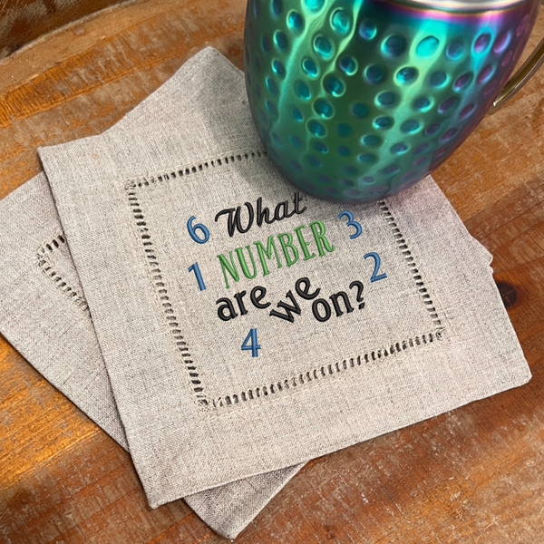 What Number Are We On Bunco Linen Cocktail Napkins, Set of 4 - White Tulip Embroidery