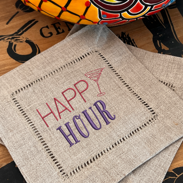 Happy Hour Cocktail Napkins, Martini Cocktail Cloth Napkins, Linen cocktail napkins - White Tulip Embroidery