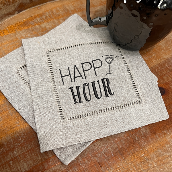Happy Hour Cocktail Napkins, Martini Cocktail Cloth Napkins, Linen cocktail napkins - White Tulip Embroidery