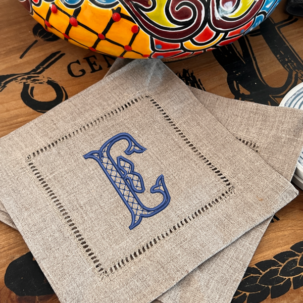 Fishtail Monogrammed Cocktail Napkins, Set of 4 - White Tulip Embroidery