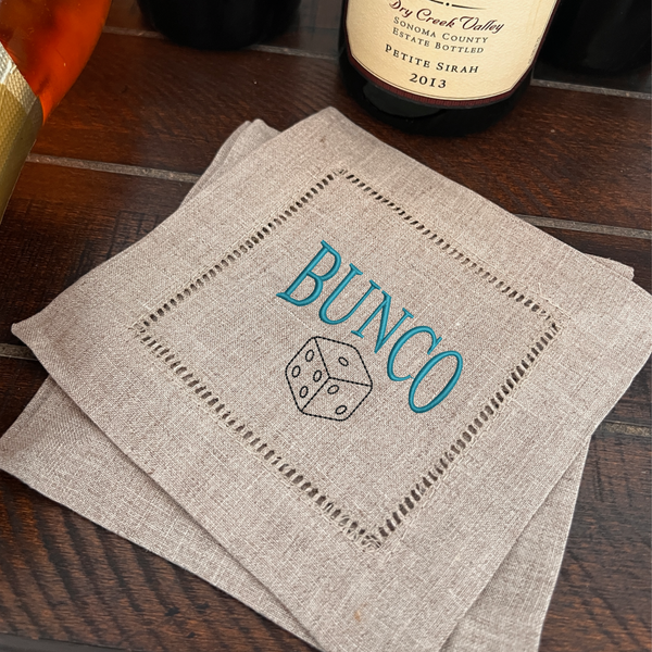 Bunco Dice Cloth Cocktail Napkins, Set of 4, Funny Bunko Cocktail Napkins - White Tulip Embroidery