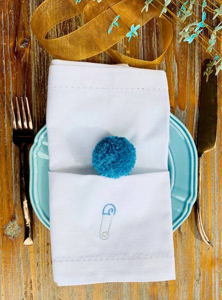 Baby Shower Diaper Pin Napkins - Set of 4 napkins - White Tulip Embroidery