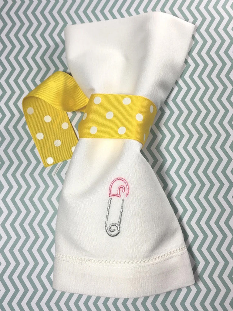 Baby Shower Diaper Pin Napkins - Set of 4 napkins - White Tulip Embroidery