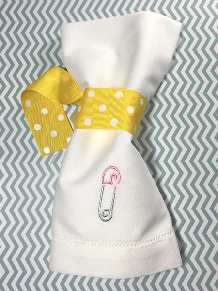 Baby Shower Diaper Pin Napkins - Set of 4 napkins - White Tulip Embroidery