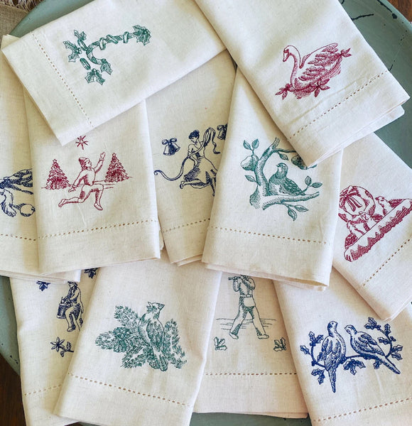 Twelve Days of Christmas Embroidered Cloth Napkins - Set of 12 napkins - White Tulip Embroidery