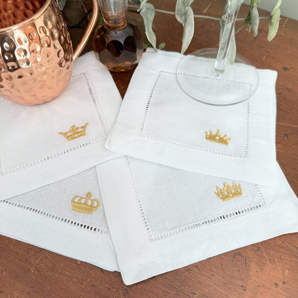 Crown Cocktail Napkins, Set of 4 Unique Embroidered Designs, Crown Cocktail Cloth Napkins, Princess Linen cocktail napkins - White Tulip Embroidery