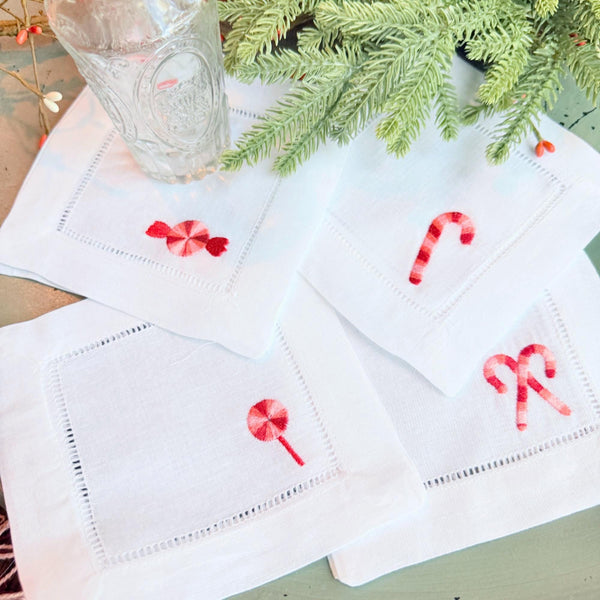 Candy Cane Cloth Cocktail Napkins, Set of 4 Unique Designs - White Tulip Embroidery