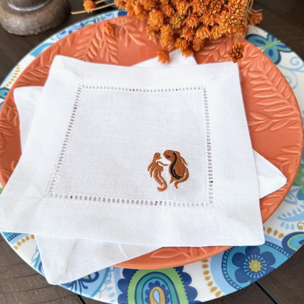King Charles Linen Embroidered Cocktail Napkins, Set of 4, dog cloth cocktail napkins, King Charles gift, Dog Breed - White Tulip Embroidery