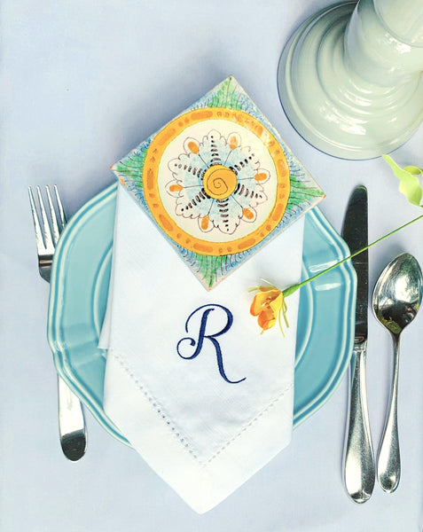 Alessia Monogrammed Cloth Dinner Napkins - Set of 4 napkins - White Tulip Embroidery