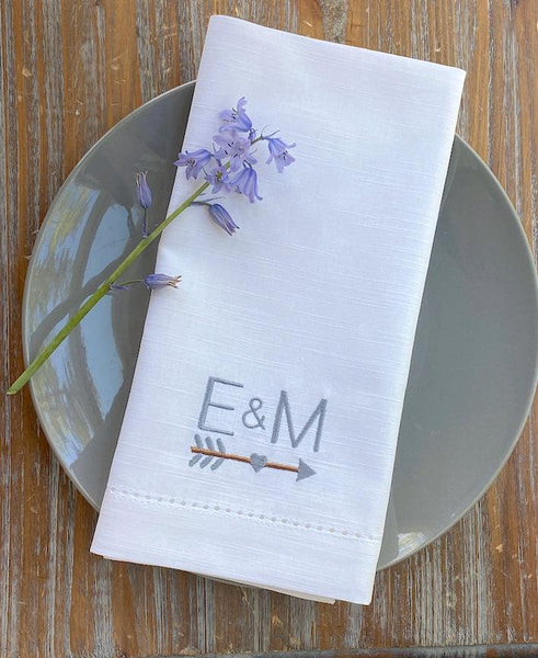 Arrow Monogrammed Napkins - Set of 4 Duogram Napkins - White Tulip Embroidery