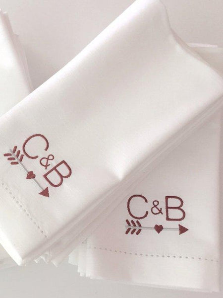 Arrow Monogrammed Napkins - Set of 4 Duogram Napkins - White Tulip Embroidery