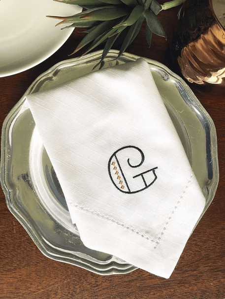 Art Deco Monogrammed Cloth Napkins - Set of 4 napkins - White Tulip Embroidery