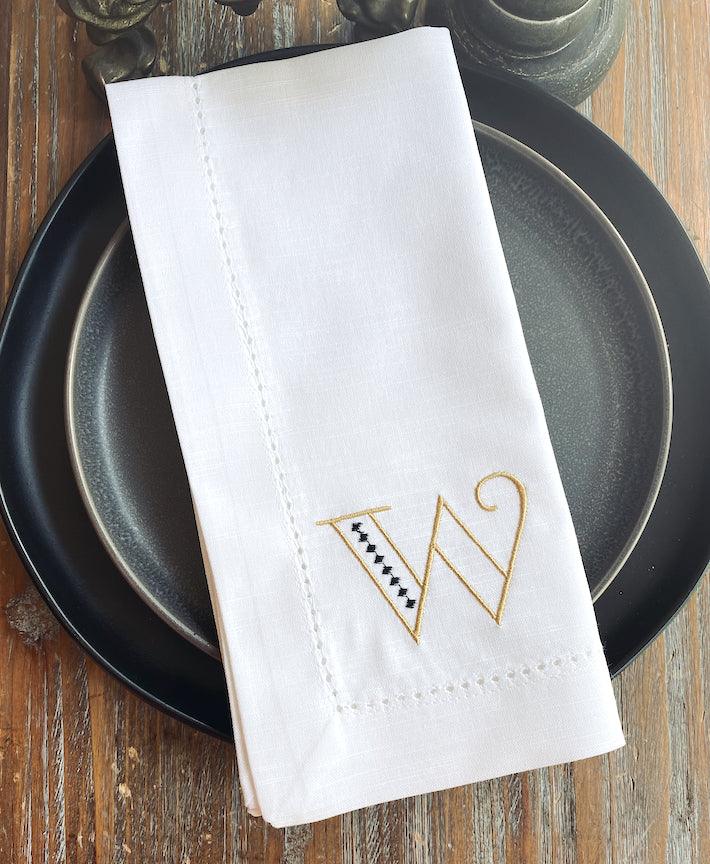 Art Deco Monogrammed Cloth Napkins - Set of 4 napkins - White Tulip Embroidery