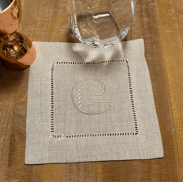 Art Deco Monogrammed Cocktail Napkins, Set of 4 - White Tulip Embroidery