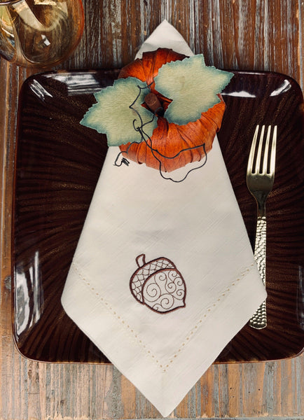 Autumn Acorns Cloth Napkins - Set of 4 napkins - White Tulip Embroidery