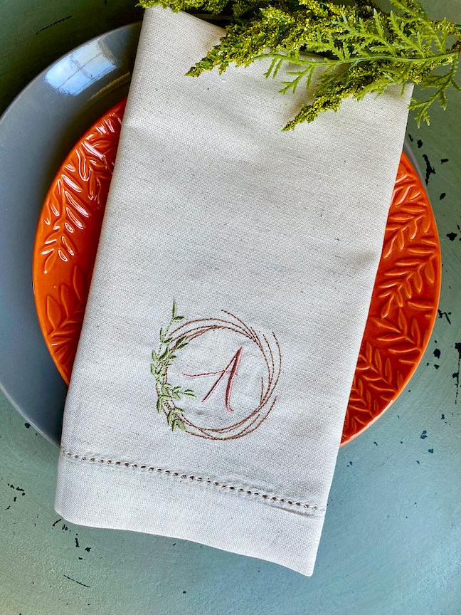 Autumn Leaf Wreath Monogrammed Cloth Napkins - Set of 4 napkins - White Tulip Embroidery