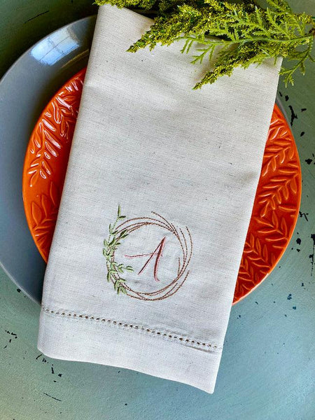 Autumn Leaf Wreath Monogrammed Cloth Napkins - Set of 4 napkins - White Tulip Embroidery