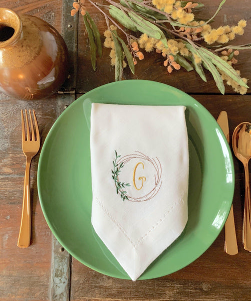 Autumn Leaf Wreath Monogrammed Cloth Napkins - Set of 4 napkins - White Tulip Embroidery