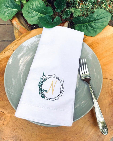 Autumn Leaf Wreath Monogrammed Cloth Napkins - Set of 4 napkins - White Tulip Embroidery