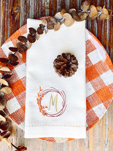 Autumn Leaf Wreath Monogrammed Cloth Napkins - Set of 4 napkins - White Tulip Embroidery
