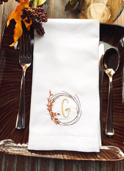 Autumn Leaf Wreath Monogrammed Cloth Napkins - Set of 4 napkins - White Tulip Embroidery