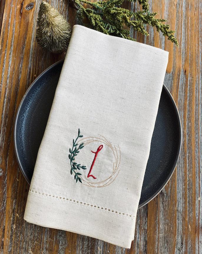 Autumn Leaf Wreath Monogrammed Cloth Napkins - Set of 4 napkins - White Tulip Embroidery