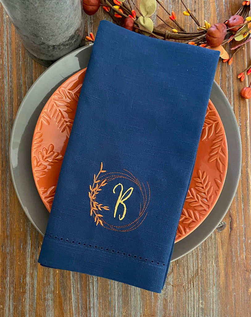 Autumn Leaf Wreath Monogrammed Cloth Napkins - Set of 4 napkins - White Tulip Embroidery
