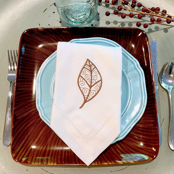 Autumn Leaves Cloth Napkins - Set of 4 napkins - White Tulip Embroidery